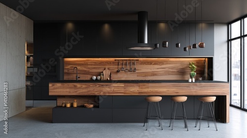 Minimal black kitchen with walnut wood accents 