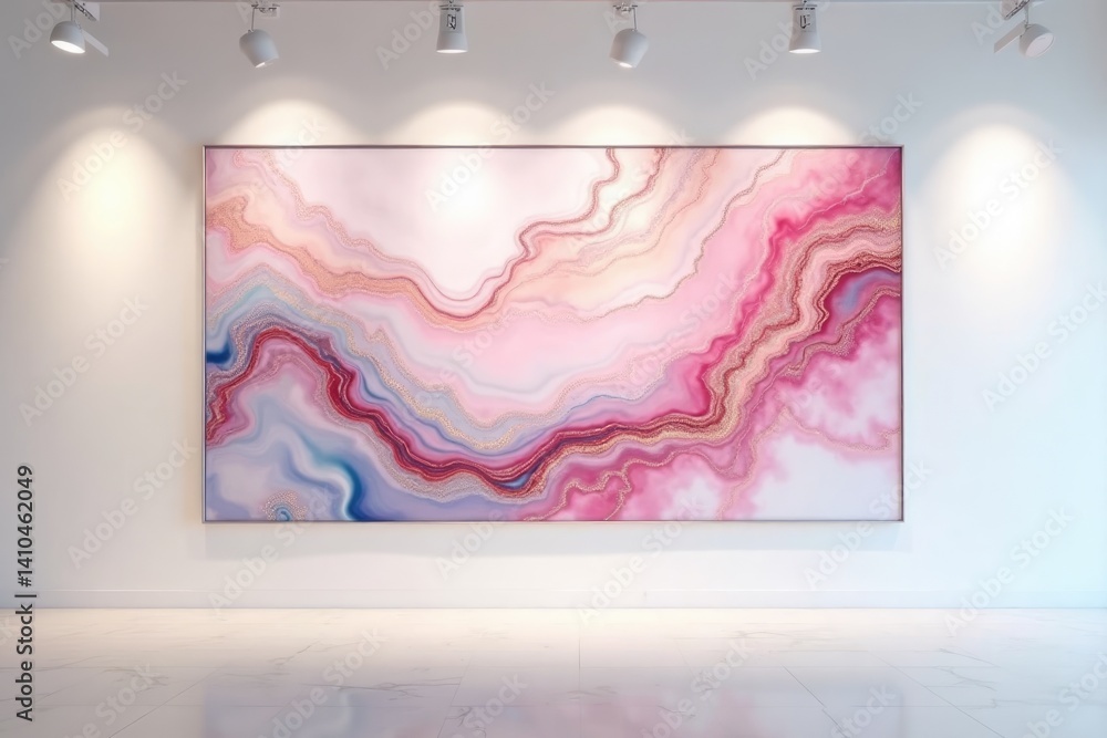 Vibrant abstract artwork features swirling pink and blue patterns, lighting enhances the artwork in a contemporary gallery setting