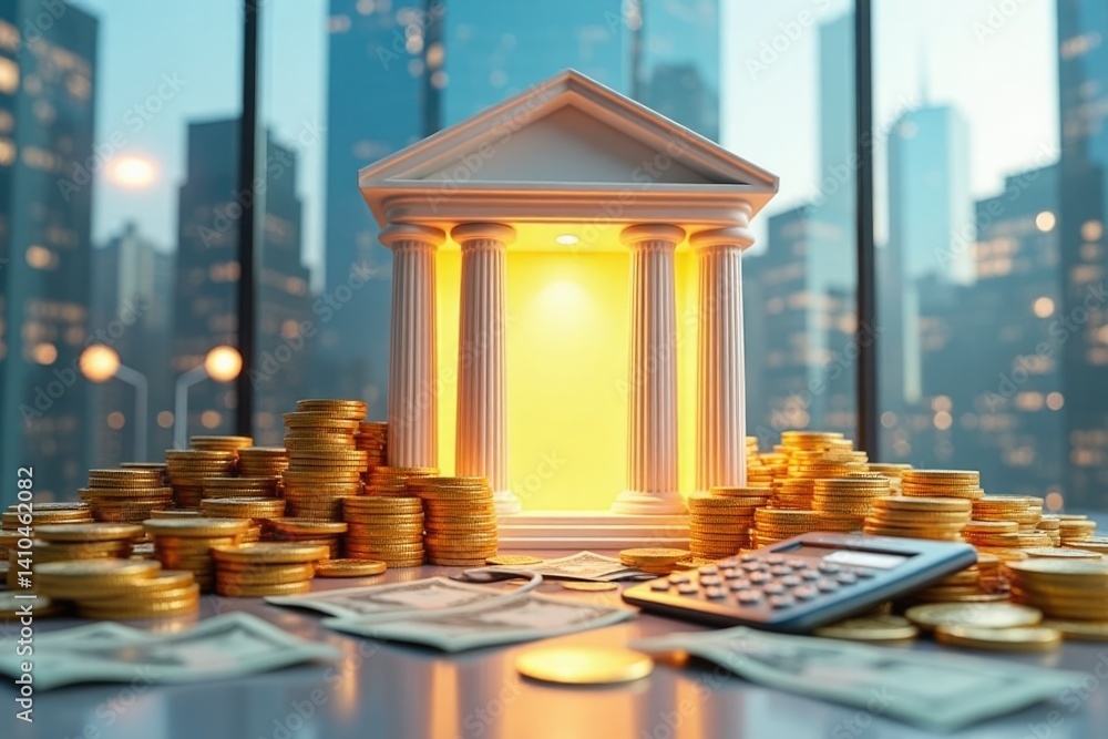 A bank is illuminated in a vibrant cityscape, surrounded by stacks of coins and cash, suggesting financial growth and opportunity