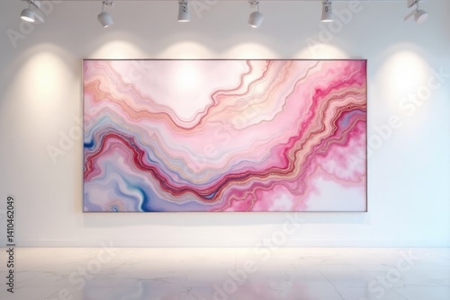 Obraz na płótnie Vibrant abstract artwork features swirling pink and blue patterns, lighting enhances the artwork in a contemporary gallery setting w salonie