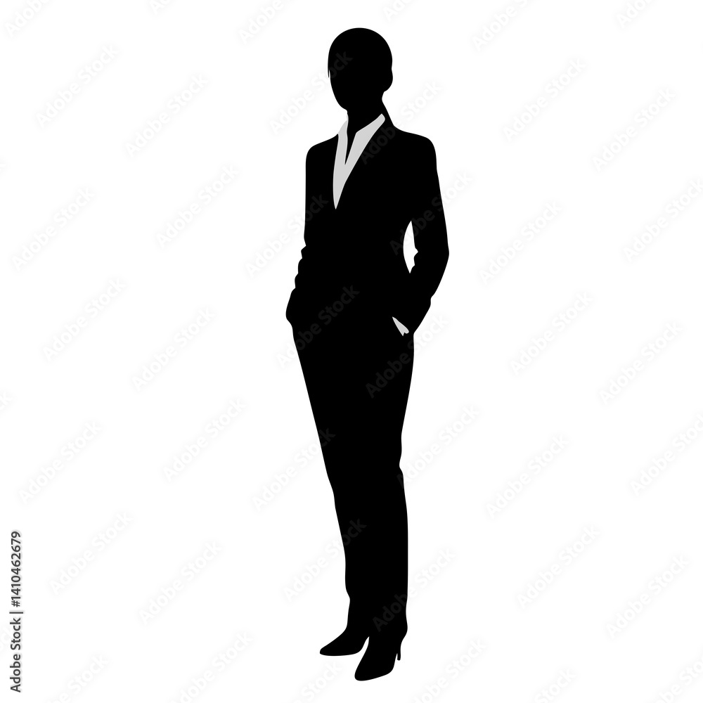 Silhouette of a businesswoman standing with hands in pockets on isolated white and transparent background, concept for corporate identity, business presentation, and professional branding Silhouette of a businesswoman standing with hands in pockets on isolated white and transparent background, concept for corporate identity, business presentation, and professional branding