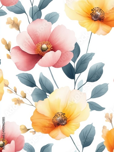 Wallpaper Mural Vibrant Floral Pattern Design - Elegant watercolor floral design featuring pink and yellow flowers, lush green leaves, and delicate branches. Symbolizing beauty, nature, growth, serenity Torontodigital.ca