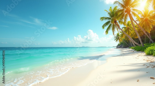 Wallpaper Mural Paradise Found: A pristine tropical beach basking in the warm golden sunlight, with gentle waves lapping a soft white sand shore and swaying palm trees. Torontodigital.ca