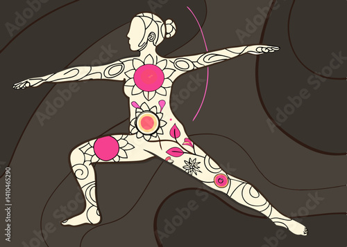 Warrior 3 yoga pose with 7 chakra symbols in a floral zentangle hand-drawn style. Intricate vector artwork perfect for wellness, spirituality, and decorative designs.