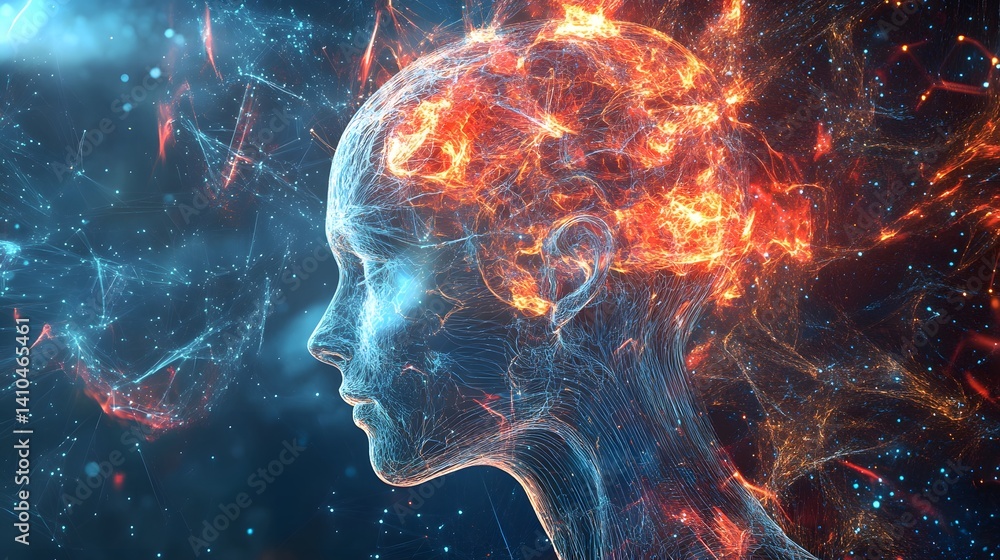 Dual Brain: A striking digital artwork depicts a woman's profile with her brain bisected, one half ablaze with fiery energy, the other immersed in cool, tranquil hues. Dual Brain: A striking digital artwork depicts a woman's profile with her brain bisected, one half ablaze with fiery energy, the other immersed in cool, tranquil hues.