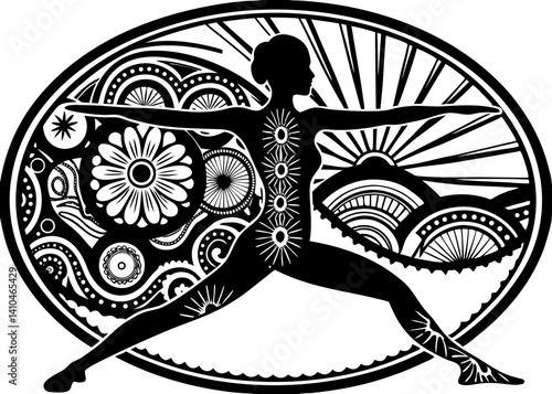 Warrior 3 yoga pose with 7 chakra symbols in a floral zentangle hand-drawn style. Intricate vector artwork perfect for wellness, spirituality, and decorative designs.