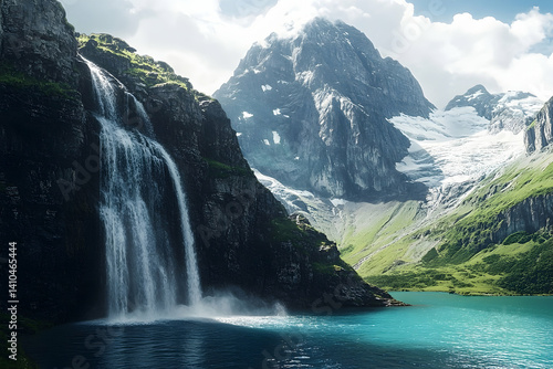 Majestic waterfall cascading into a glacial alpine lake.