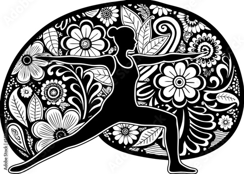 Warrior 3 yoga pose with 7 chakra symbols in a floral zentangle hand-drawn style. Intricate vector artwork perfect for wellness, spirituality, and decorative designs.