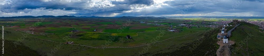 Aerial view of the windmills of Consuegra, Toledo, Castilla-La Mancha, Spain Aerial view of the windmills of Consuegra, Toledo, Castilla-La Mancha, Spain