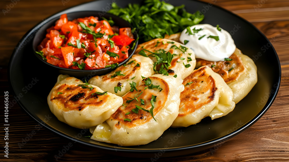 Fried Dumplings Served with Creamy Sauce on Dark Plate Fried Dumplings Served with Creamy Sauce on Dark Plate