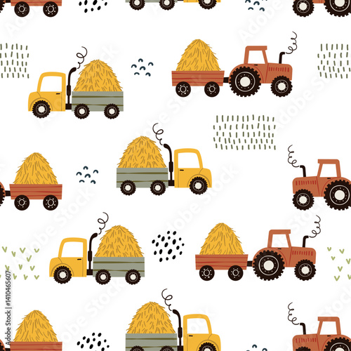 Seamless vector pattern in flat cartoon style. Features a cute composition with tractor and hay truck on a white background. Perfect for kids’ designs, fabric, wallpaper, and packaging.