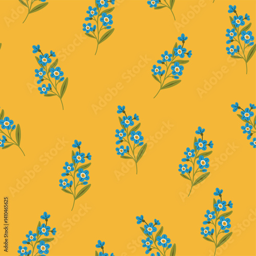 Описание (200 символов):
Seamless vector pattern in flat cartoon style featuring cute forget-me-not flowers on a yellow background. Bright, cheerful design perfect for kids’ textiles, wallpapers