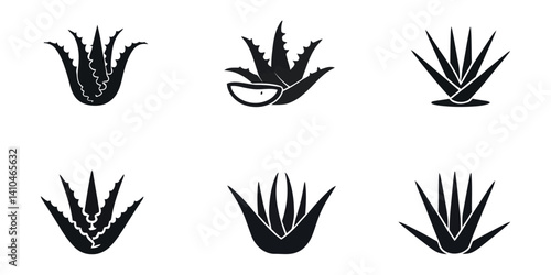 Aloe vera vector illustration. Agave leaves hand drawn black on white background. Cosmetic plant silhouette, Aloe vera silhouette icon set, Black and white silhouette of spiky aloe leaves, Aloe vera.