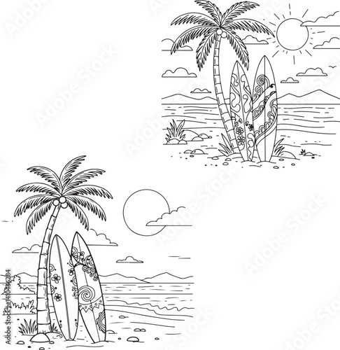 Summert tree boad coloring page  silhouette image vector