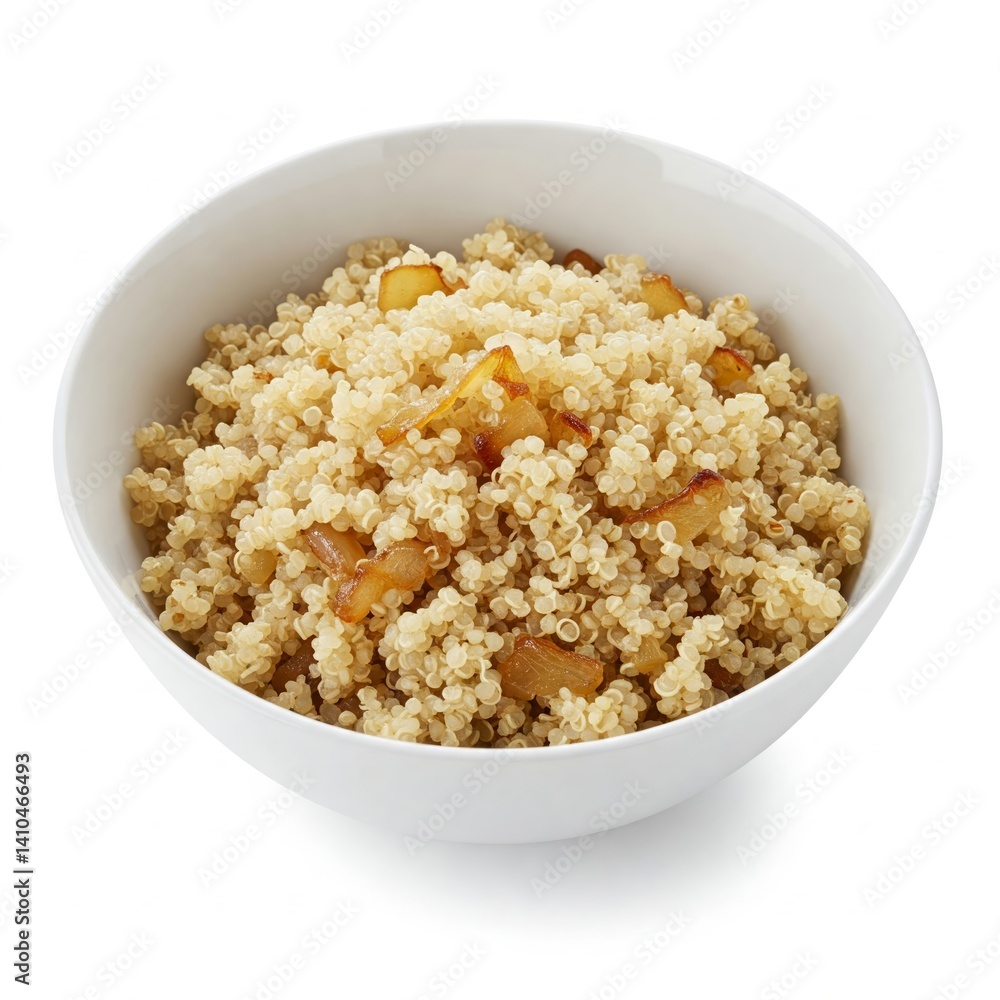 Bowl of cooked quinoa with onion isolated on white Bowl of cooked quinoa with onion isolated on white