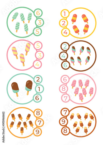 Counting activity with ice cream and numbers. An educational worksheet for children learning to count, with colorful and fun illustrations of ice cream and cones