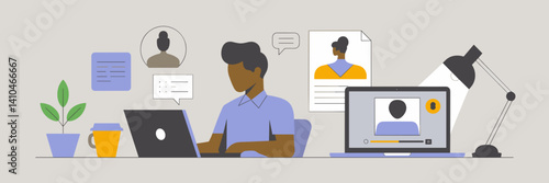 Work-from-home vector illustration with person at desk – Great for telecommuting guides, freelance resources, or remote job blogs.