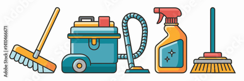 Flat vector illustration of housekeeping icons with cleaning tools on white background