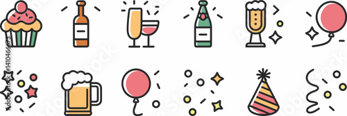 Minimalist vector icons of party essentials including drinks, cupcake, and confetti – Ideal for event planning kits, digital stickers, or party-themed branding.