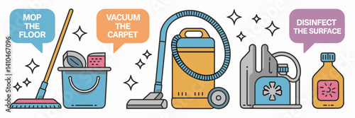 Colorful flat cleaning icons with speech bubbles showing housekeeping phrases