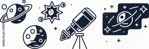 Vector astronomy icons with planets, moons, and cosmic elements – Ideal for stargazing apps, sci-fi themed materials, or cosmic infographics