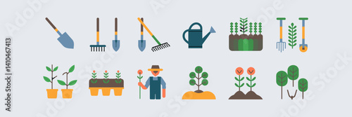 Flat style gardening icons with tools, seeds, and farmer on white background
