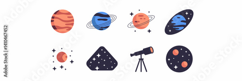Flat space and astronomy icon set – Great for planetarium visuals, science outreach, or space education campaigns