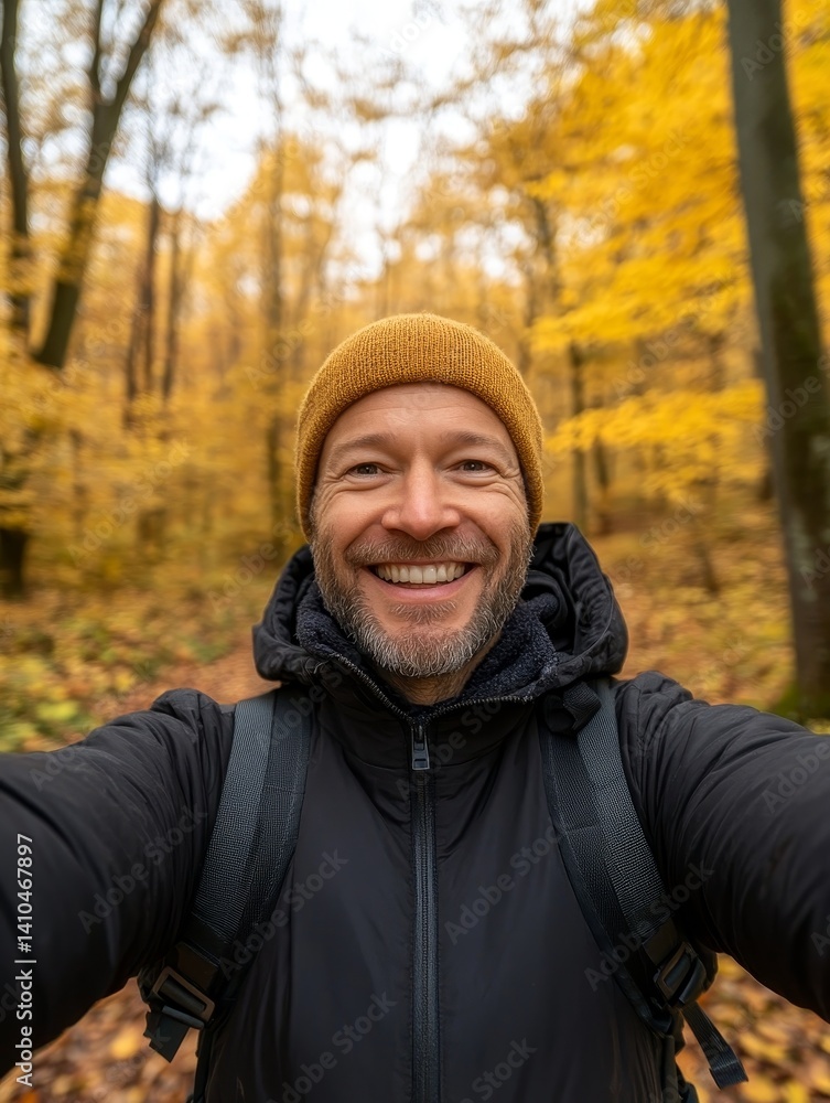 Autumn Woods Selfie: Man Smiling in Fall Foliage - A happy man takes a selfie in an autumn forest. The symbolizes joy, nature, adventure, freedom, and the beauty of autumn Autumn Woods Selfie: Man Smiling in Fall Foliage - A happy man takes a selfie in an autumn forest. The symbolizes joy, nature, adventure, freedom, and the beauty of autumn