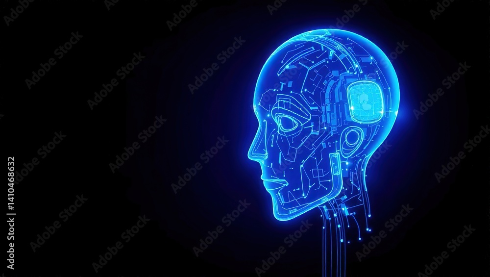 Obraz premium Abstract Blue Digital Robot Head Hologram, Futuristic Technology Concept, Dark Background