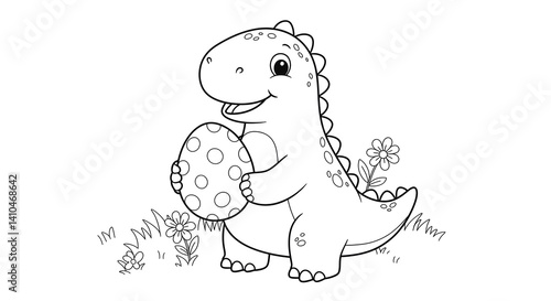 Cute Dinosaur with Egg and Flowers - Black and White Coloring Page