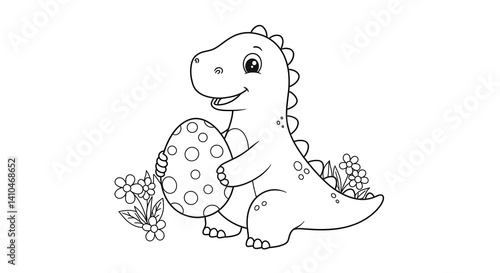 Cute Dinosaur with Egg and Flowers - Black and White Coloring Page