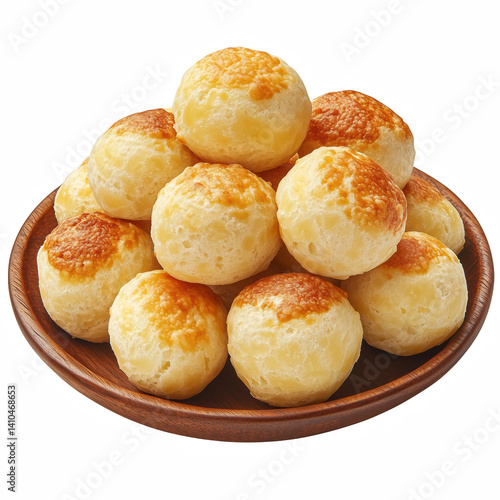 Brazilian cheese bread pão de queijo with golden crust and soft texture isolated on transparent background.