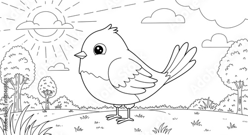 Cute Bird in Sunny Landscape - Black and White Coloring Page