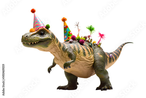 Festive dinosaur! T-Rex in party hat, decorated with colorful pom-poms and streamers, against a transparent background