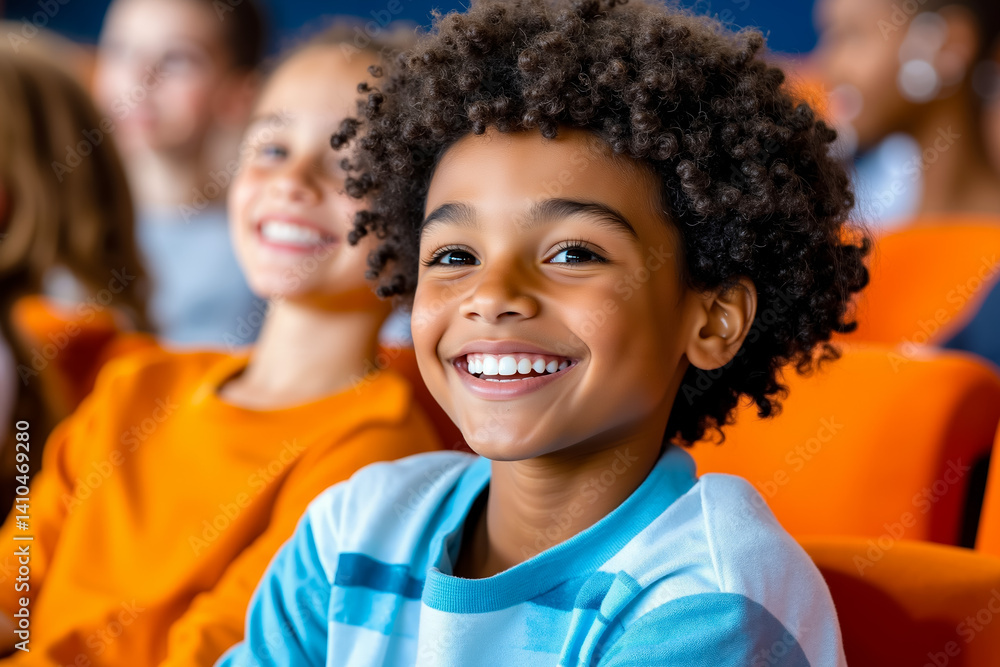 A group of children sitting in a movie theater smiling A group of children sitting in a movie theater smiling