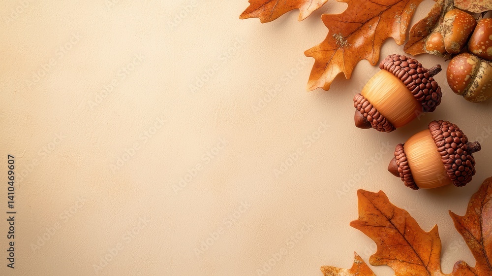A close-up shot showcases two acorns and oak leaves arranged artistically on a neutral beige background providing ample copy space perfect for autumnal designs and nature-themed