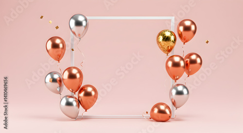 Metallic Balloons Around White Square Frame on Pink Background - Celebration Decor
