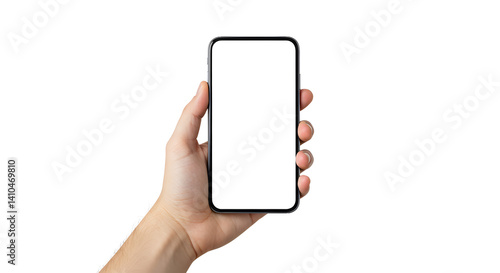 Hand Holding Smartphone with Blank Screen on White Background - Mockup