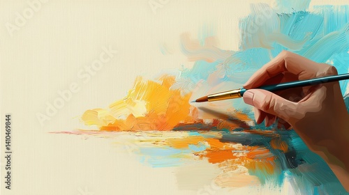 A close-up view reveals an artist's hand skillfully painting a vibrant sunset landscape sketch with a paintbrush, showcasing the process of artistic creation and the texture of the