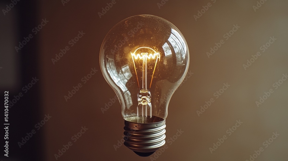 A glowing incandescent light bulb illuminates the dark background showcasing its warm electric light and intricate filament detail against a muted brown backdrop perfectly