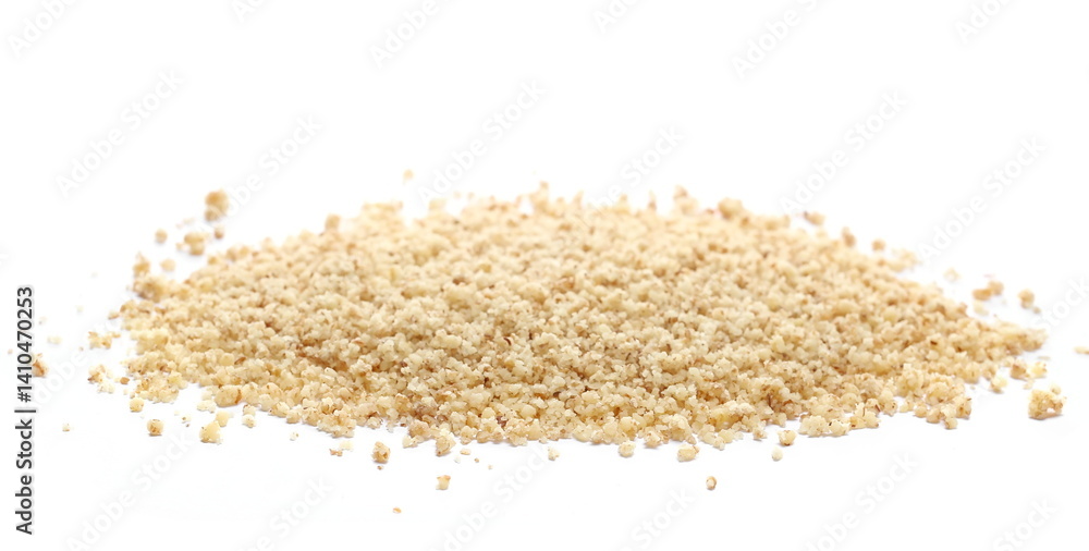 Pile walnut chopped, finely ground isolated on white background, side view Pile walnut chopped, finely ground isolated on white background, side view