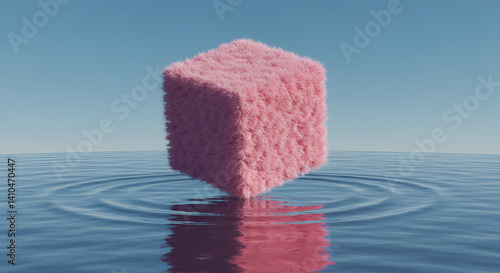 Pink Fuzzy Cube Floating on Water with Reflection - Surreal Art