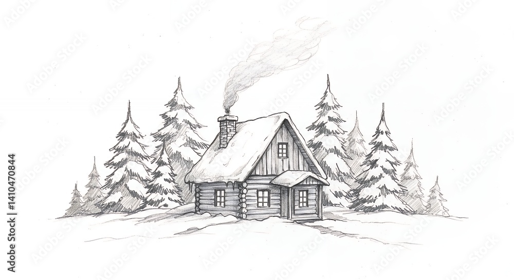 Snowy winter cabin in forest illustration Snowy winter cabin in forest illustration
