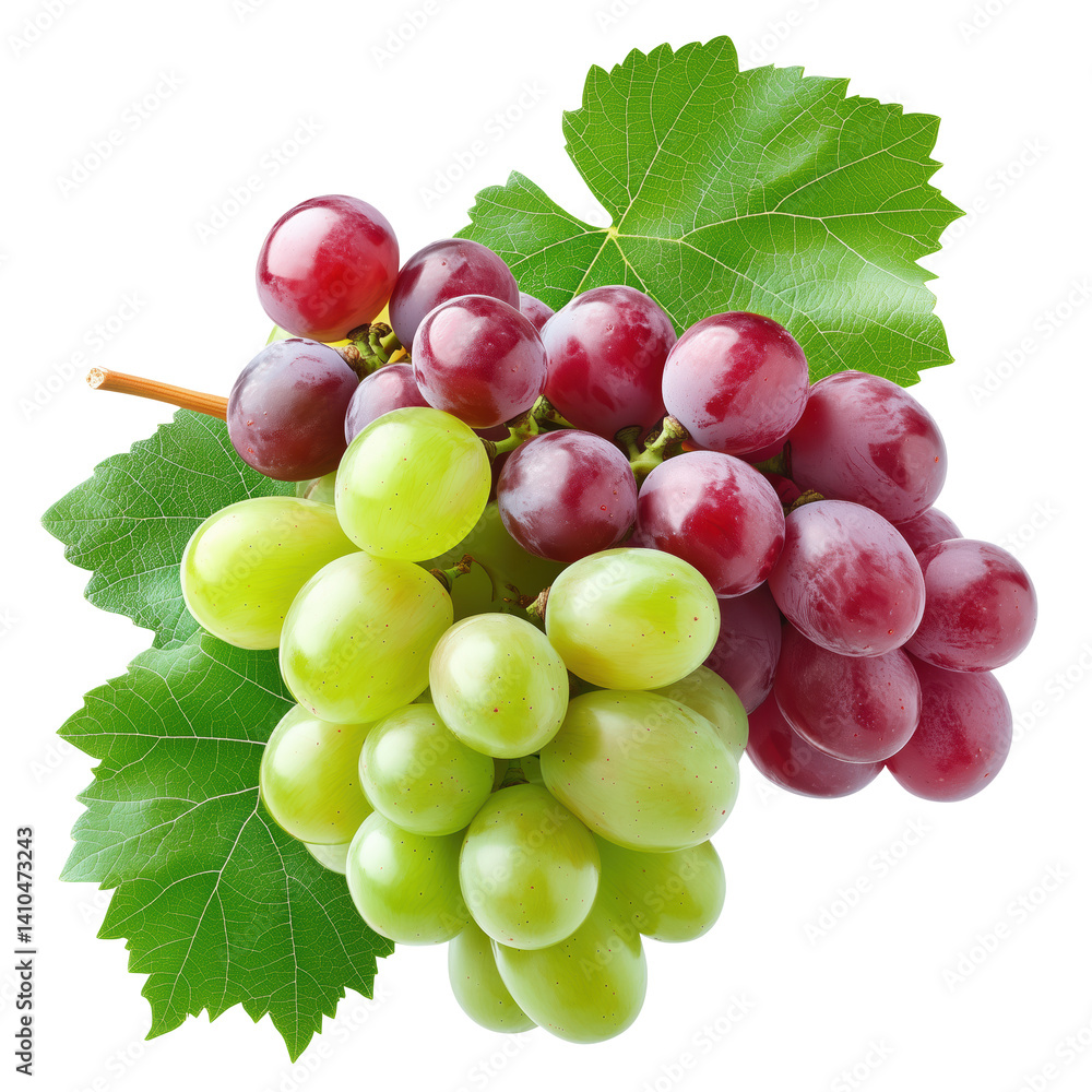 Fototapeta premium Red and green grape clusters with leaves, isolated on transparent background.
