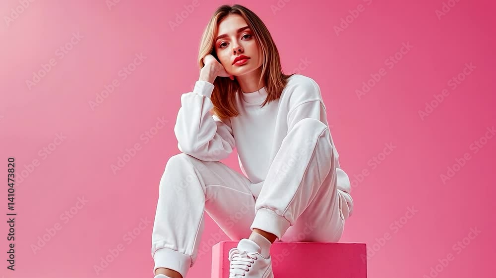 Woman in white tracksuit sits on pink cube against pink backdrop Woman in white tracksuit sits on pink cube against pink backdrop