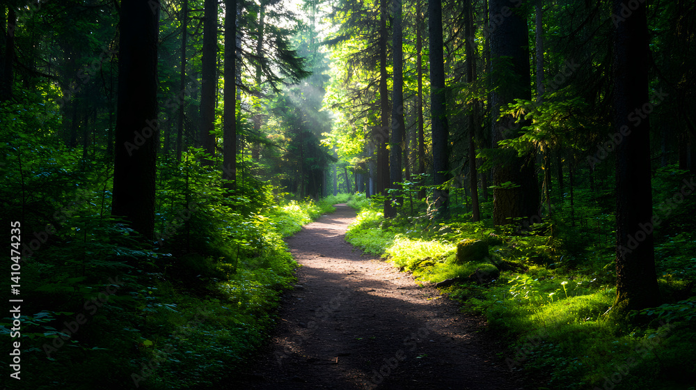 Fototapeta premium A vibrant hiking path through a dense forest, with dappled sunlight creating a beautiful play of light and shadow on the ground.