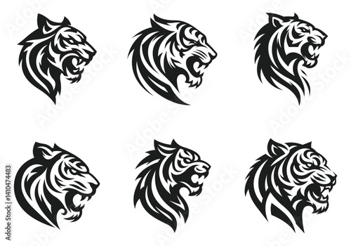 A tiger head logo and tattoo on a white background that is completely silhouetted. Wild animal.