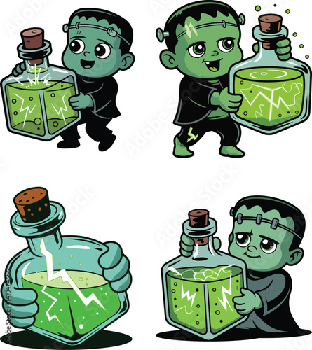 Cute Frankenstein Monster with Green Potion Clipart – Halloween Science Magic Art