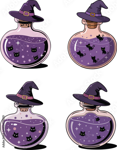 Witch Hat Potion Bottle Clipart with Black Cat Silhouettes – Halloween Magic Aesthetic