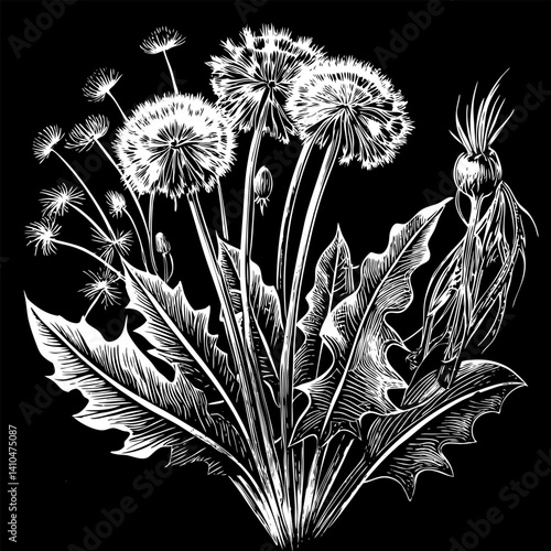 A drawing of a bunch of dandelions with a black background